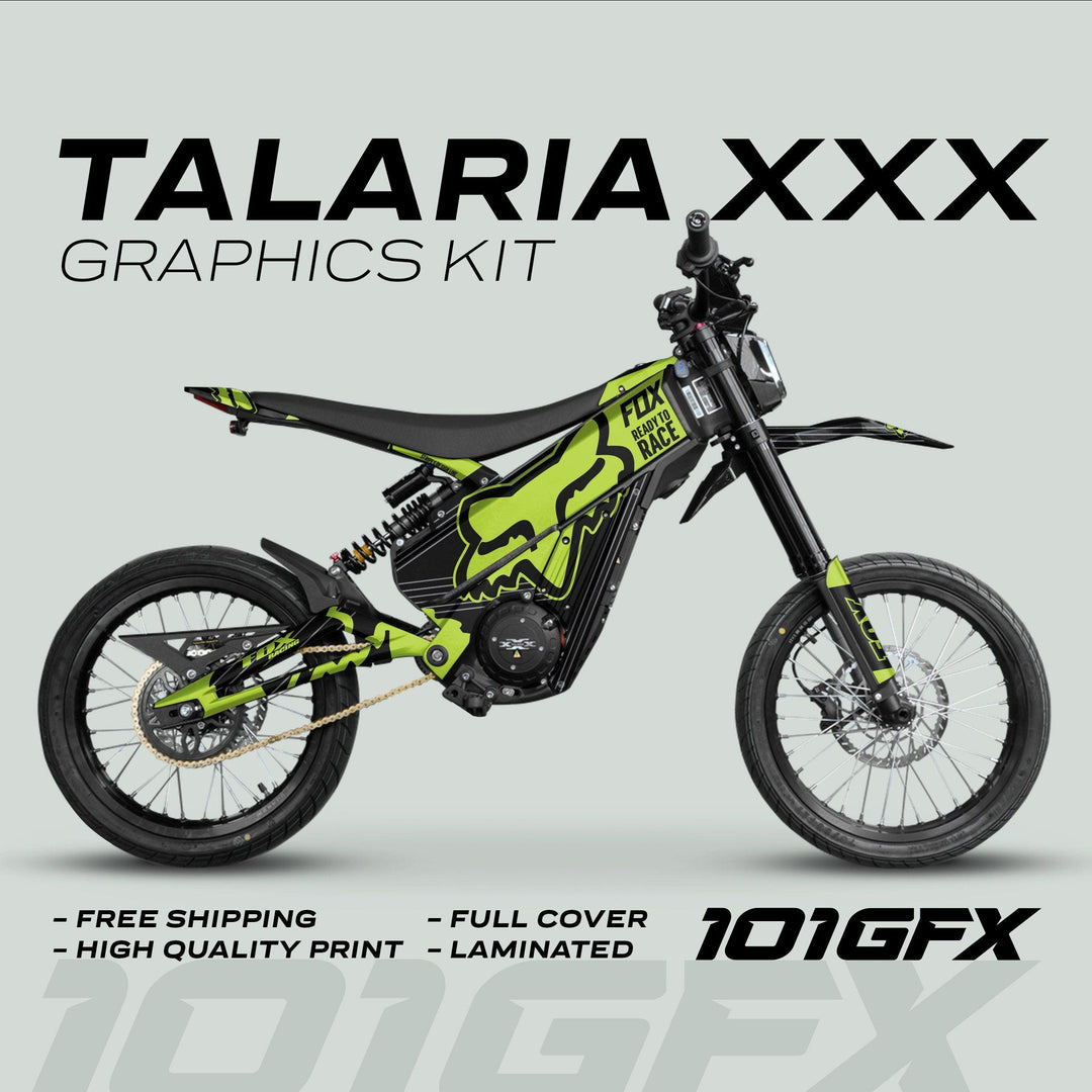 Talaria XXX Graphics Kit FOX STRIPES Black Green on bike, featuring high-quality, full-cover laminated decals with FOX logo; includes free shipping and easy installation.