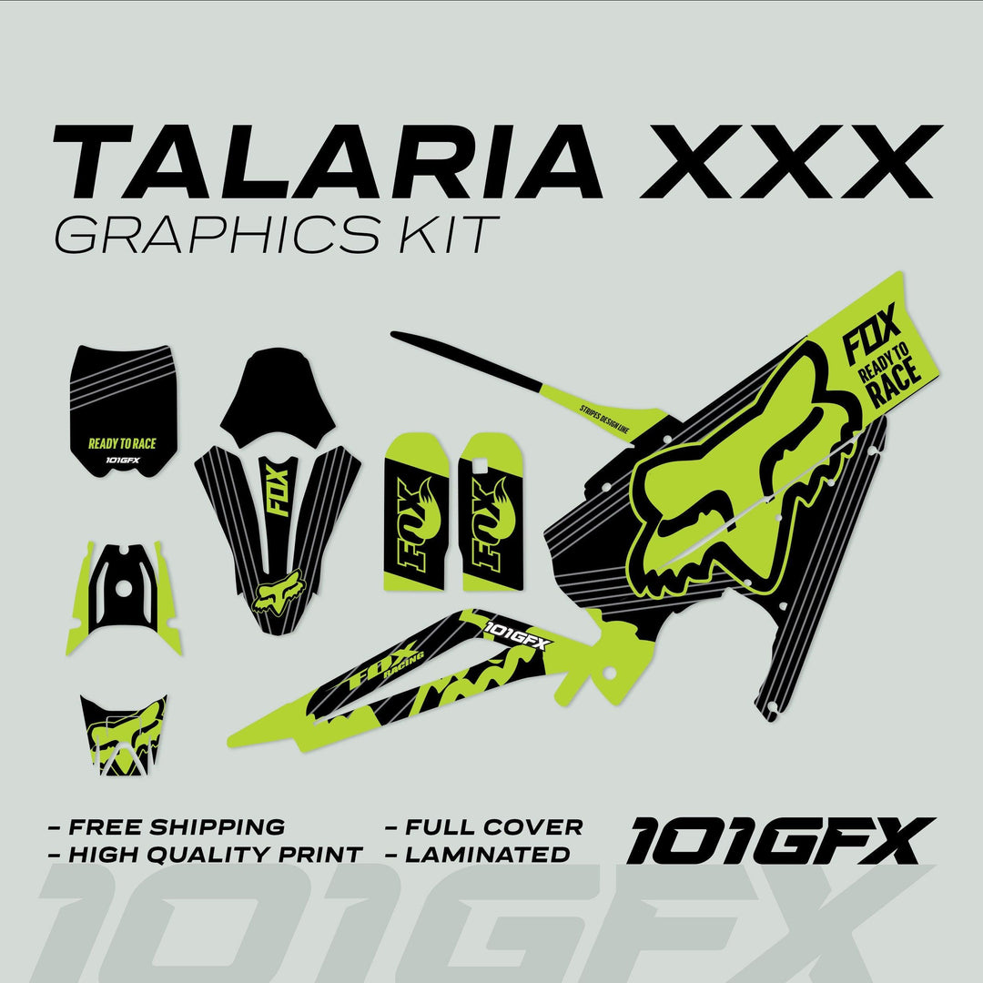 Talaria XXX Graphics Kit FOX STRIPES Black Green with decals for fenders, shrouds, number plates, fork guards, swingarm, and air-box; features free shipping and high-quality print.
