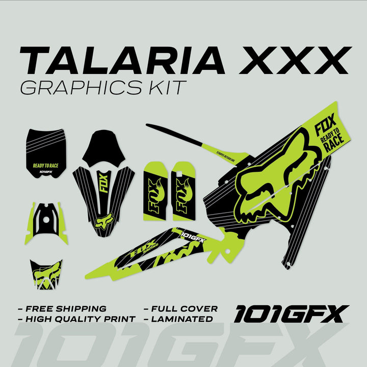 Talaria XXX Graphics Kit FOX STRIPES Black Green with decals for fenders, shrouds, number plates, fork guards, swingarm, and air-box; features free shipping and high-quality print.