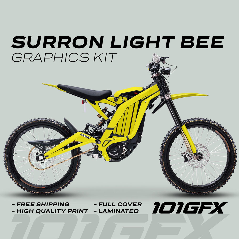 Surron Light Bee X Graphics Kit MONO COLOR Yellow on bike; features vibrant design, durable material, easy application, custom fit; includes free shipping and high-quality print.