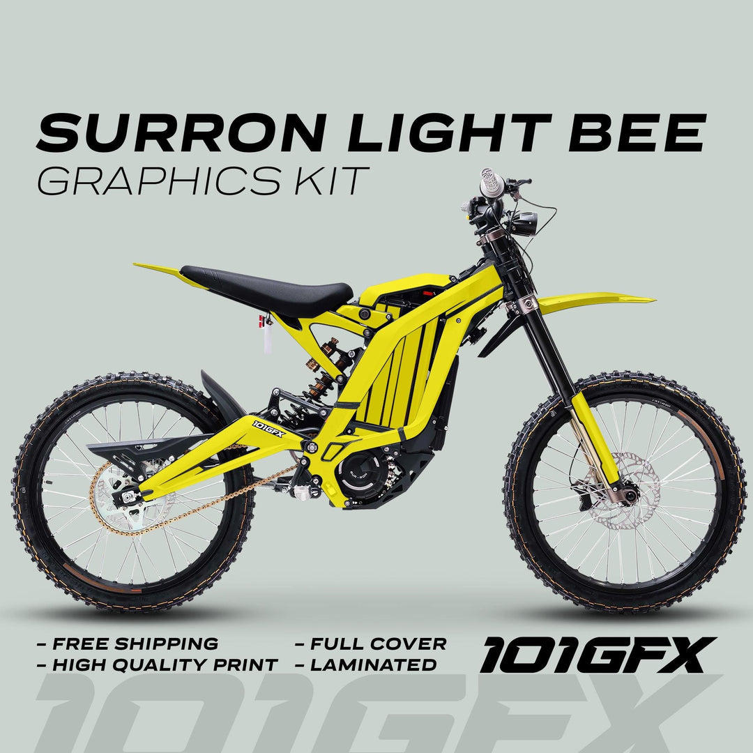 Surron Light Bee X Graphics Kit MONO COLOR Yellow on bike; features vibrant design, durable material, easy application, custom fit; includes free shipping and high-quality print.