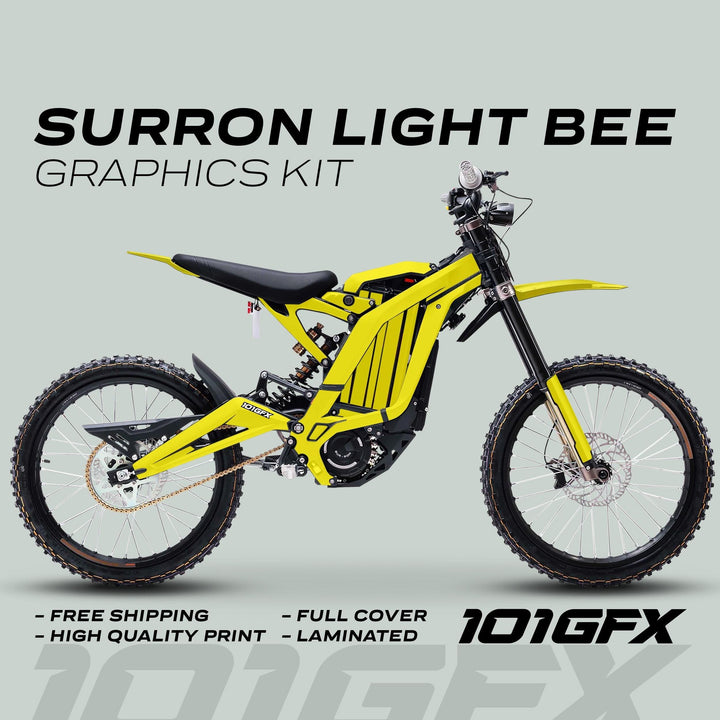 Surron Light Bee X Graphics Kit MONO COLOR Yellow on bike; features vibrant design, durable material, easy application, custom fit; includes free shipping and high-quality print.