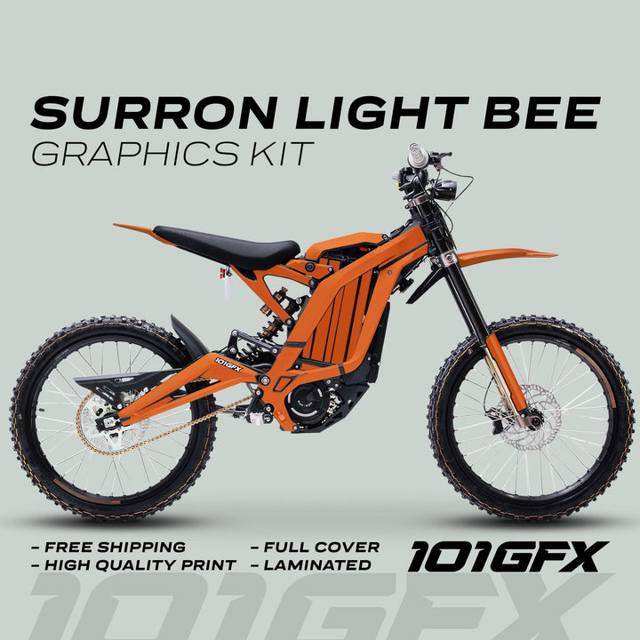 Sur-Ron Light Bee X Graphics Kit MONO COLOR Orange Segway x260, featuring vibrant decals on an electric dirt bike, surrounded by key benefits like free shipping and high quality.