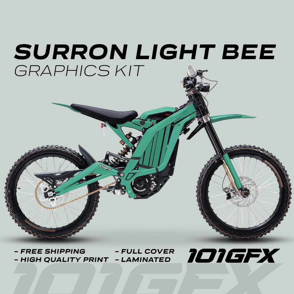 Surron Light Bee X Graphics Kit MONO COLOR Mint displayed in front and side views, showcasing custom mint-green decals with features like free shipping and high-quality print.
