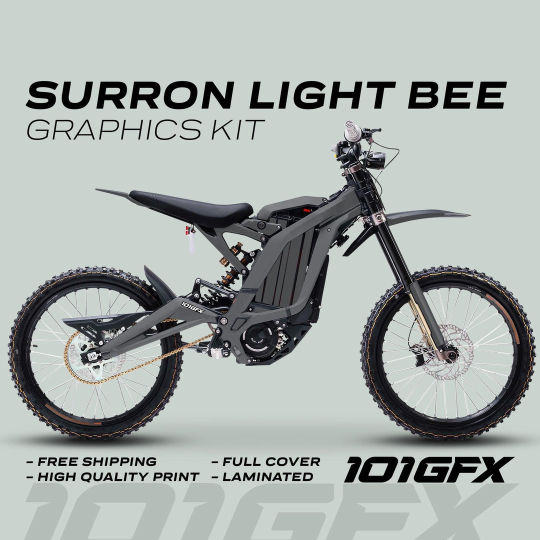 Surron Light Bee X Graphics Kit MONO COLOR Grey displayed in a side profile, highlighting dark-grey decals. Features: free shipping, high-quality, full cover, laminated, with 101GFX logo.
