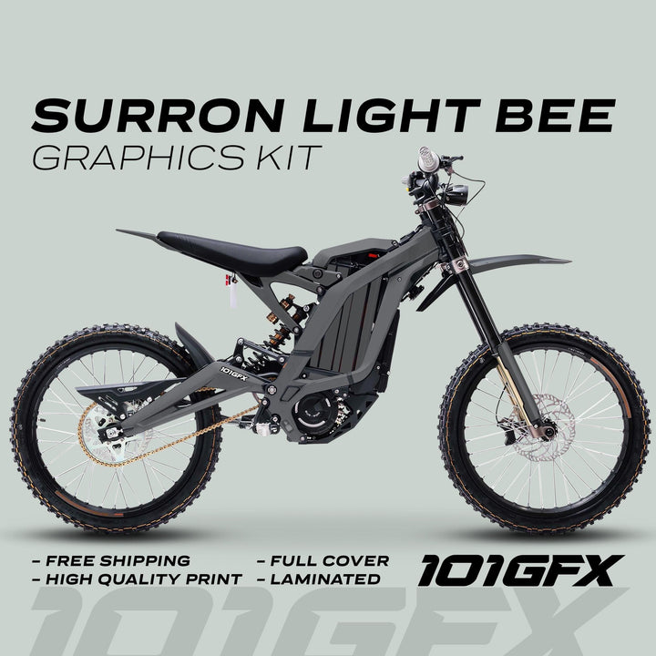 Surron Light Bee X Graphics Kit MONO COLOR Grey displayed in a side profile, highlighting dark-grey decals. Features: free shipping, high-quality, full cover, laminated, with 101GFX logo.
