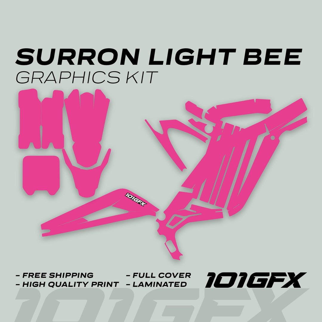 Surron Light Bee X Graphics Kit MONO COLOR Pink: bright pink vinyl decals for bike panels, promoting durability and style with free shipping and high-quality laminated finish.