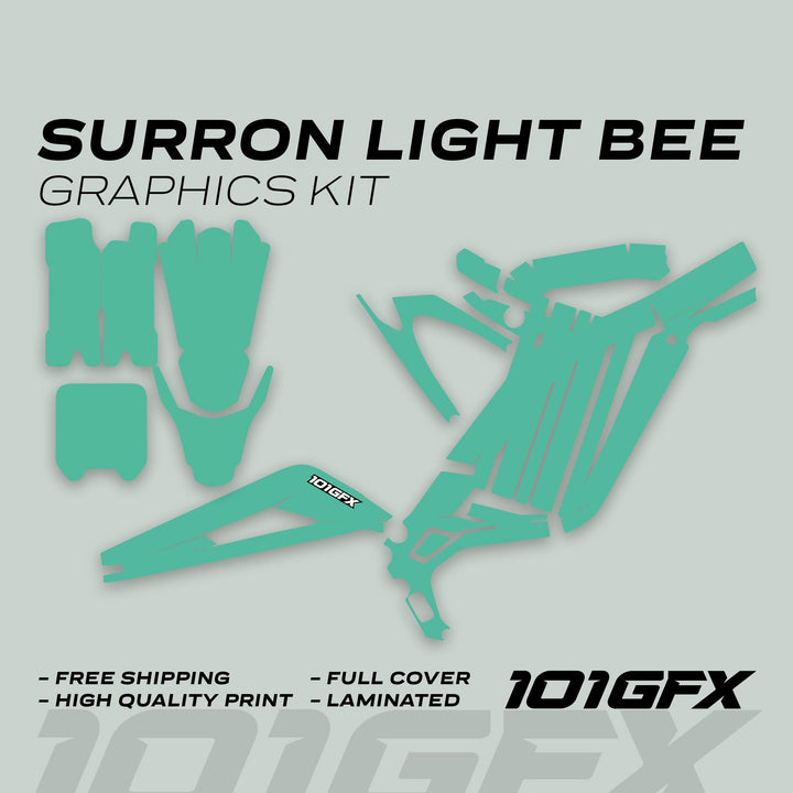 Surron Light Bee X Graphics Kit MONO COLOR Mint with mint-green decals, showcasing durable, laminated pieces for full bike coverage and enhanced appearance.