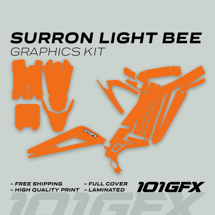 Surron Light Bee X Graphics Kit MONO COLOR Orange with separate decals for bike parts, highlighting features like free shipping, high-quality print, full cover, and lamination.