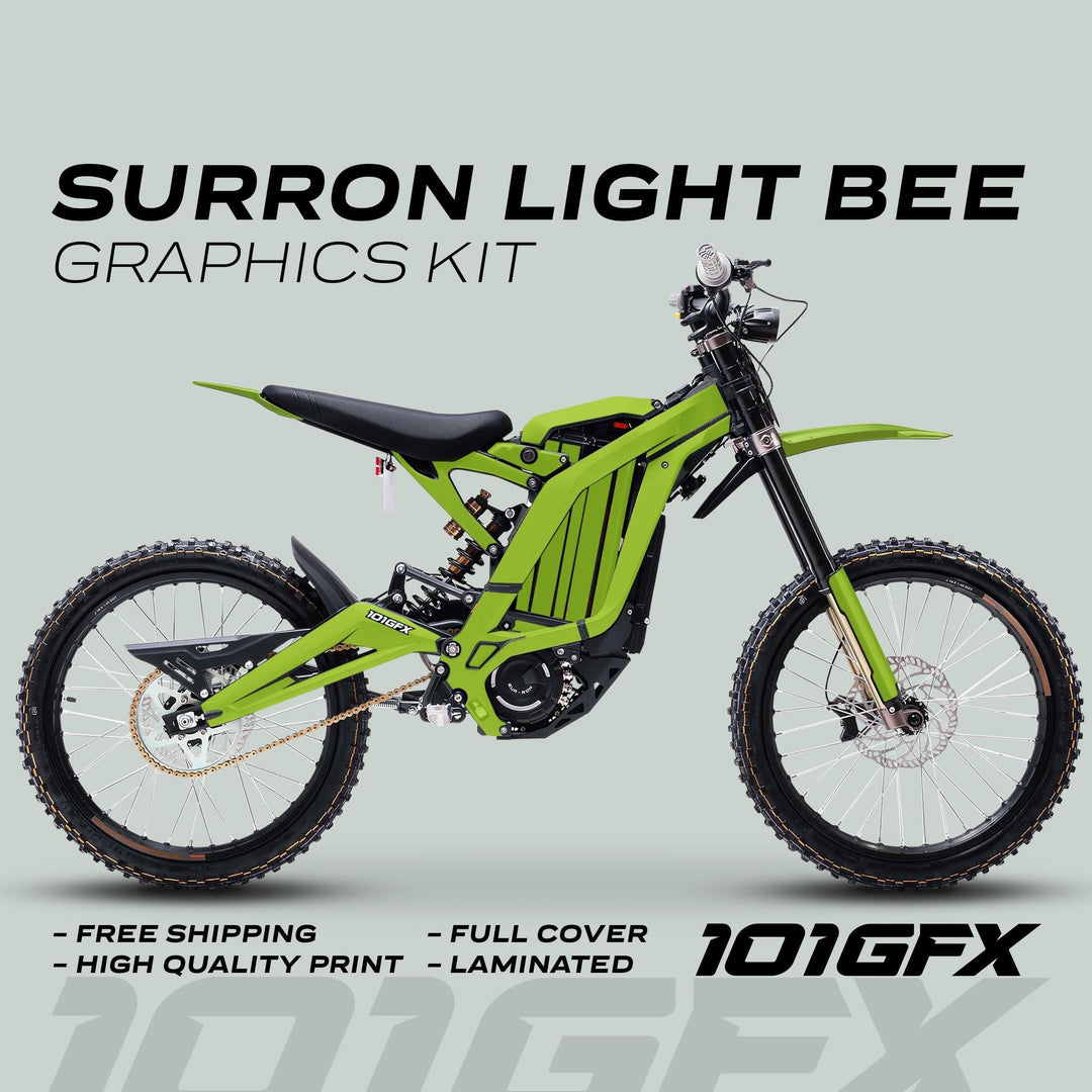 Surron Light Bee X Graphics Kit MONO COLOR Green on lime-green electric dirt bike, featuring durable, vibrant decals, free shipping, high-quality print, full cover, laminated.