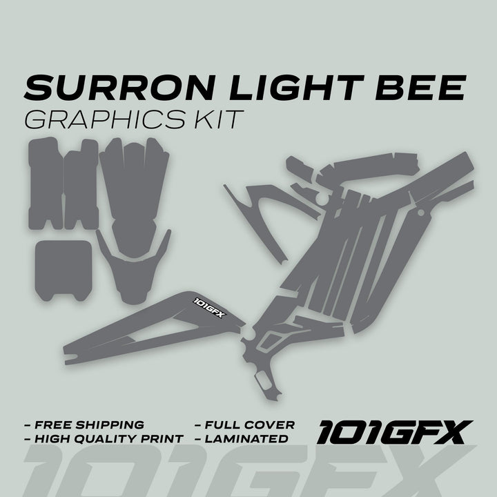 Surron Light Bee X Graphics Kit MONO COLOR Grey with cut-out vinyl decals for fenders and panels, featuring free shipping, high-quality laminated print, and full cover.