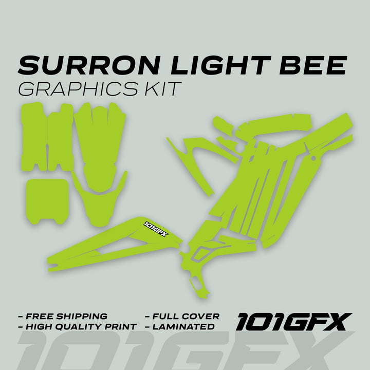 Surron Light Bee X Graphics Kit MONO COLOR Green; neon-green die-cut decals for bike plastics, featuring durability, vibrant color, easy application, and protective qualities.