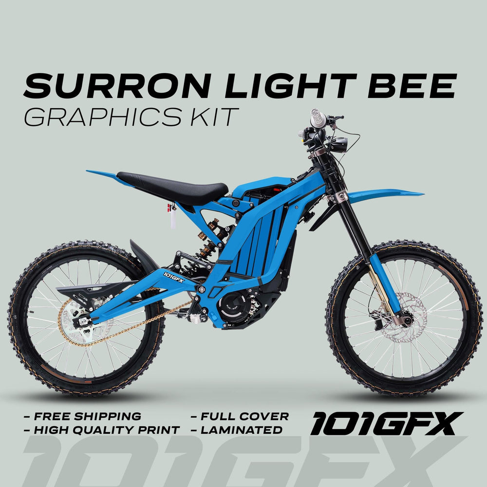 Surron Light Bee X Graphics Kit MONO COLOR Cyan on electric dirt bike, showcasing vibrant design and durable protection with features like easy application and custom fit.