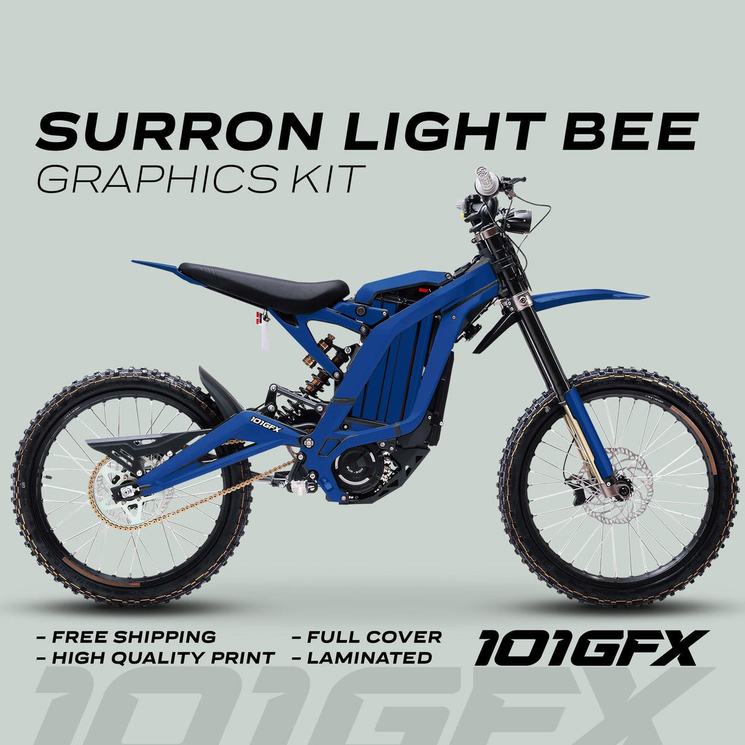 Sur-Ron Light Bee X Graphics Kit MONO COLOR Blue features a sleek blue wrap on the bike, highlighting durability, easy installation, and global free shipping.