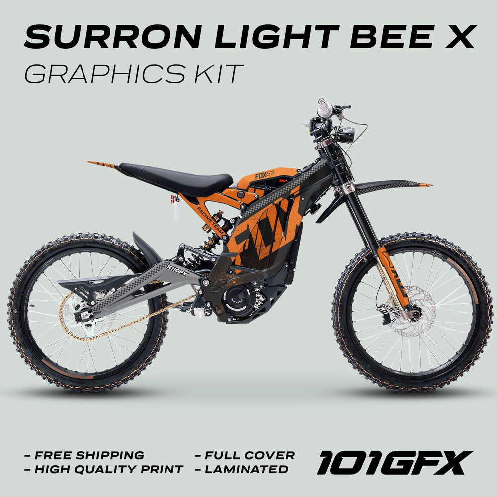 Surron Light Bee X Graphics Kit FOX DUST Black Orange on bike, showcasing high-quality, full-cover decals with free shipping and laminated protection. 101GFX logo displayed.
