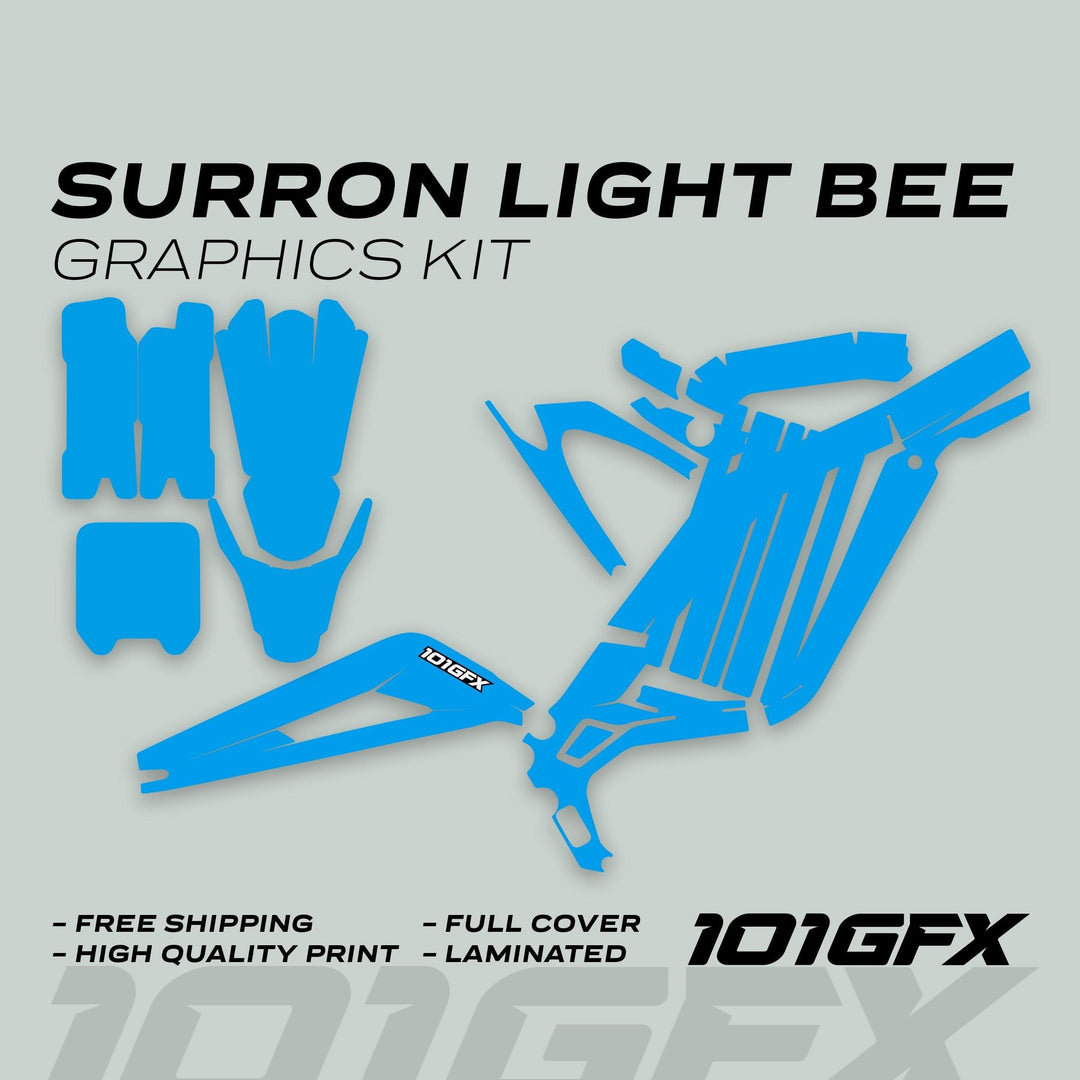 Surron Light Bee X Graphics Kit MONO COLOR Cyan, featuring pre-cut blue vinyl decals, offering full coverage, high-quality print, and laminated finish for easy, durable application.