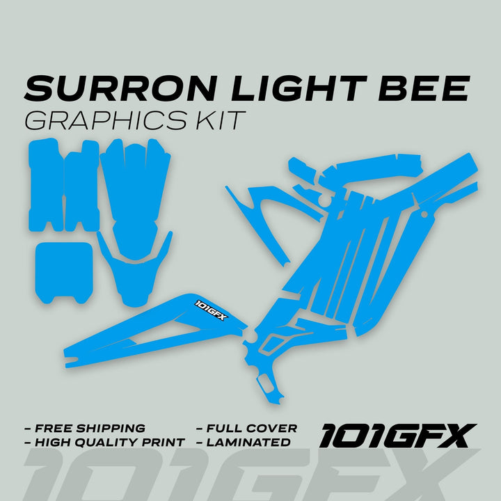 Surron Light Bee X Graphics Kit MONO COLOR Cyan, featuring pre-cut blue vinyl decals, offering full coverage, high-quality print, and laminated finish for easy, durable application.
