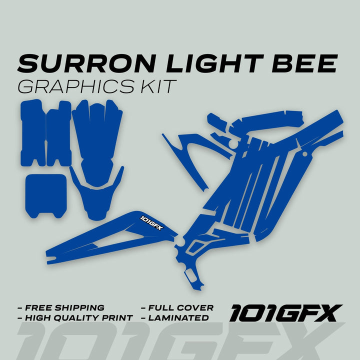 Surron Light Bee X Graphics Kit MONO COLOR Blue, showcasing blue vinyl decals for bike panels, highlighting high-quality, laminated finish, and full coverage for easy DIY installation.