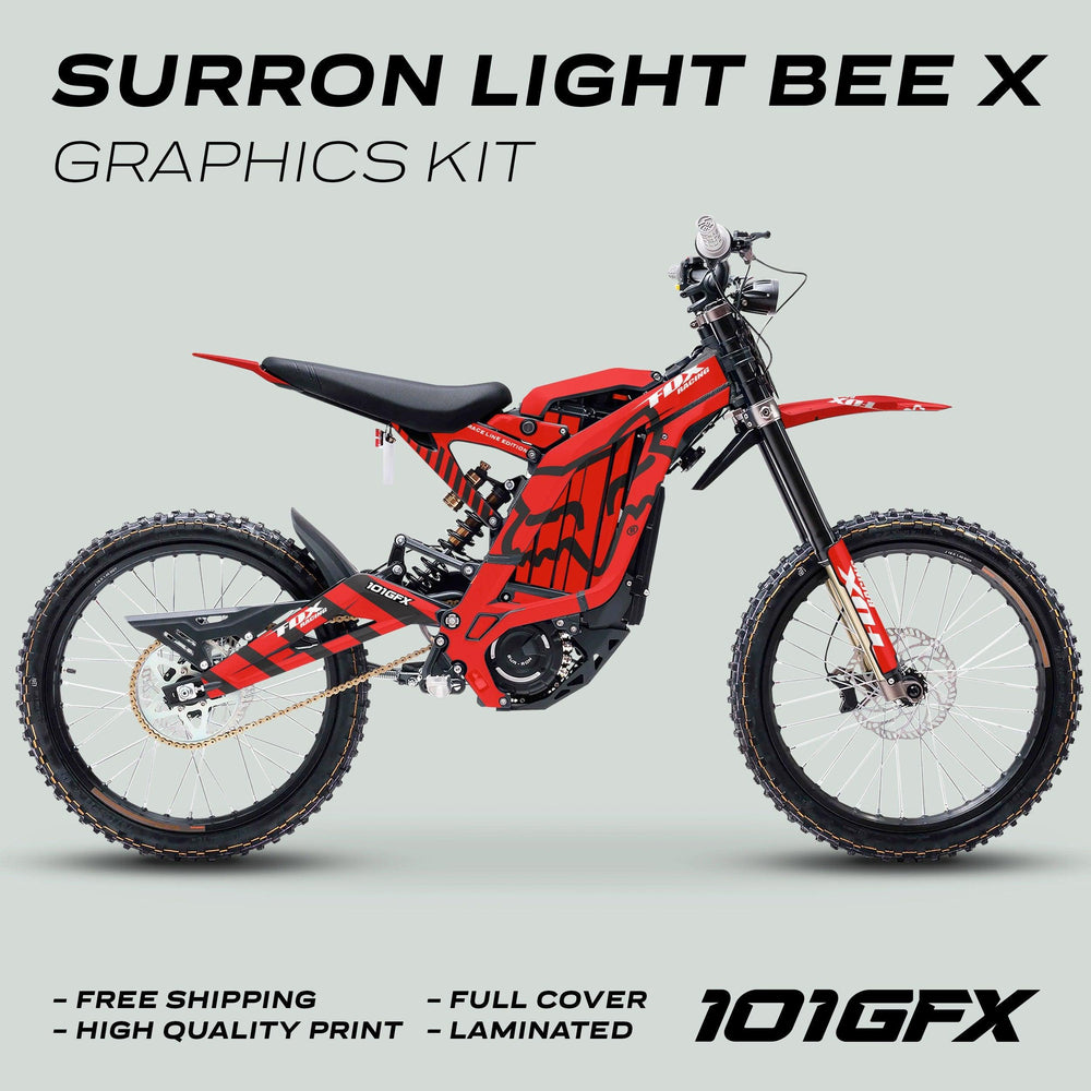 Surron Light Bee X Graphics Kit FOX RACE LINE Red Black on e-dirt-bike, showcasing full-coverage, high-quality laminated decals and free shipping offer.