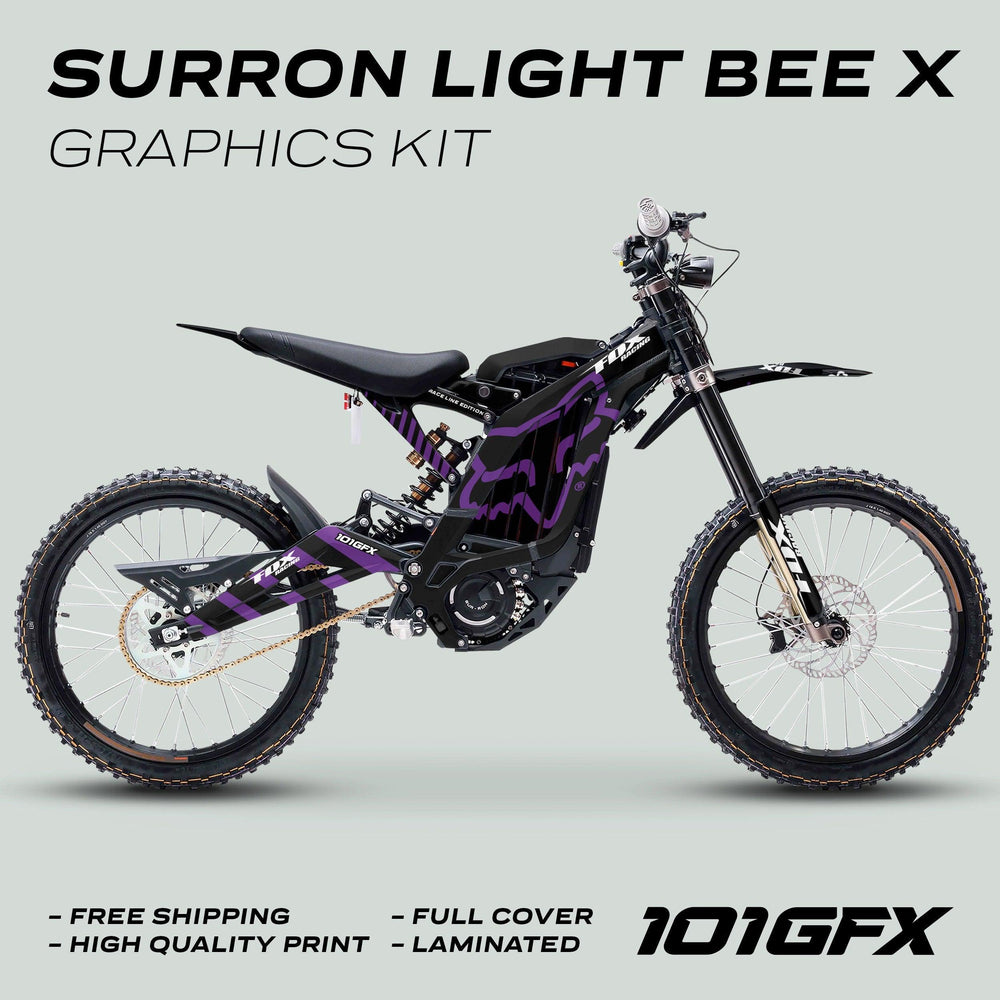 Sur-Ron Light Bee X electric dirt bike with custom 101GFX FOX RACELINE BLACK Purple graphics kit, showcasing black-and-purple frame decals and full bike coverage.