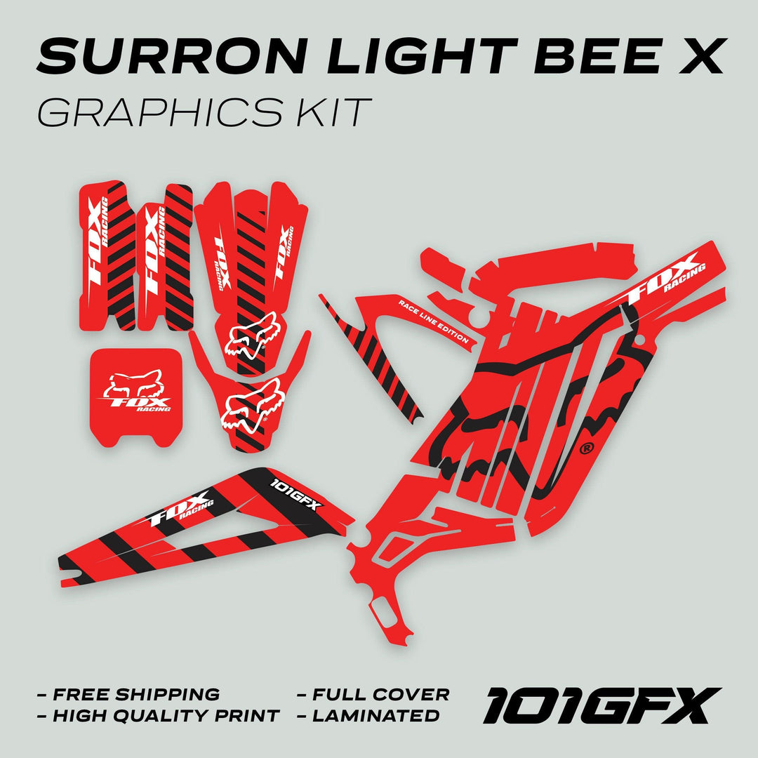 Surron Light Bee X Graphics Kit FOX RACE LINE Red Black; red-and-black decals with Fox Racing, 101GFX logos, touting features like free shipping and laminated high-quality print.