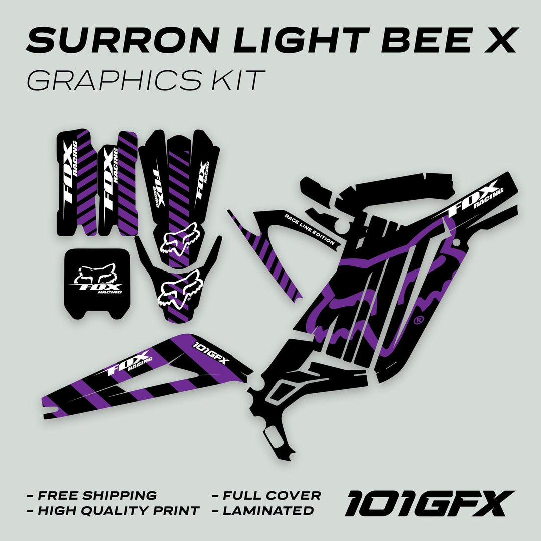 Surron Light Bee X Graphics Kit FOX RACELINE BLACK Purple showing full-coverage decals with vibrant Fox Racing design, highlighting free shipping, high quality print, and laminated.