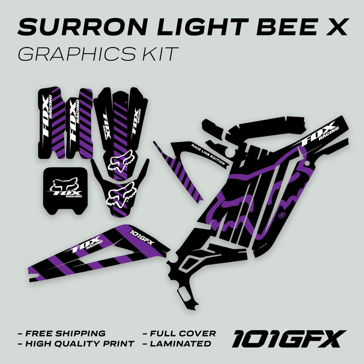Surron Light Bee X Graphics Kit FOX RACELINE BLACK Purple showing full-coverage decals with vibrant Fox Racing design, highlighting free shipping, high quality print, and laminated.