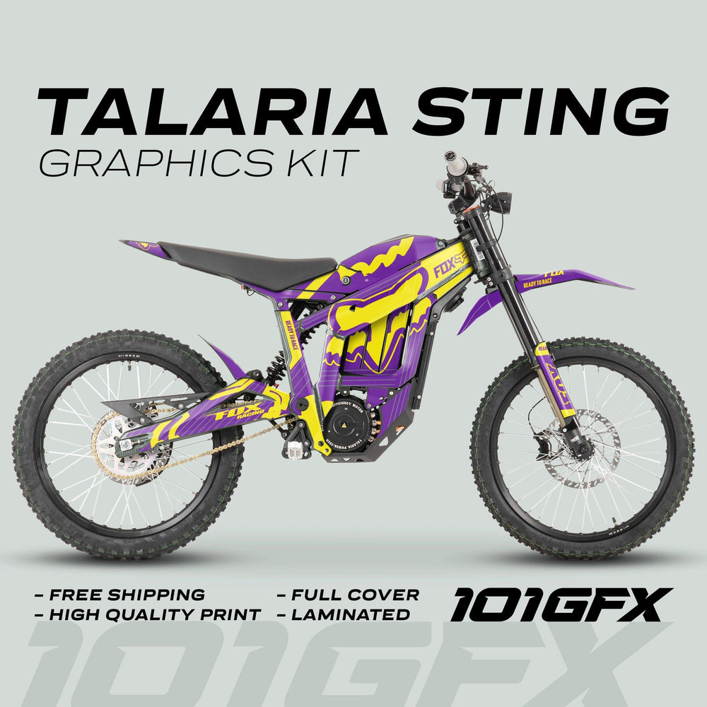 Talaria Sting MX3 MX4 Graphics Kit in purple-yellow, featuring full-cover laminated graphics on an e-dirt bike. Highlights include free shipping and high-quality print.