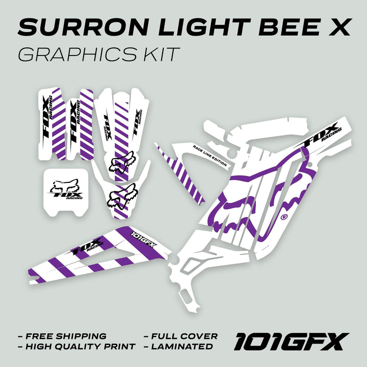 Surron Light Bee X Graphics Kit FOX RACE LINE with white and purple decals, including fork guards and number plate, showcasing a laminated, full-coverage design.