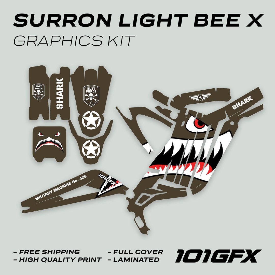Surron Light Bee X Graphics Kit MILITARY SHARK Brown with shark mouth motif, military stars, skull badges, and protective vinyl decals for a custom bike look.