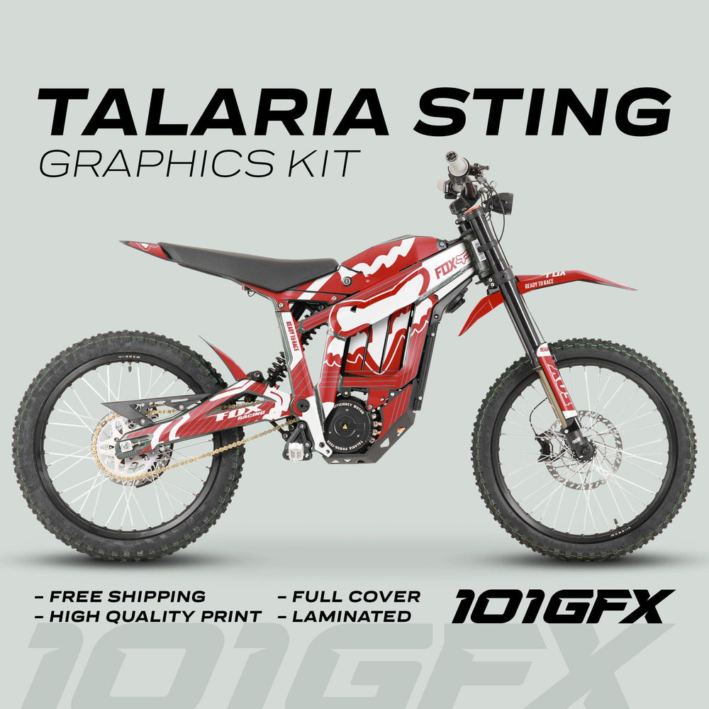 Talaria Sting MX3 MX4 Graphics Kit FOX STRIPES Red White displayed on an off-road dirt bike, highlighting free shipping, high-quality print, and full-coverage laminated kit.