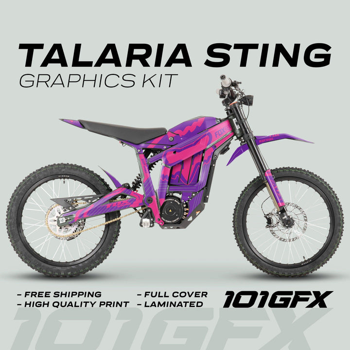 Talaria Sting MX3 MX4 Graphics Kit FOX STRIPES Purple Magenta on an electric off-road motorcycle, highlighting vibrant decals, durability, and easy application.
