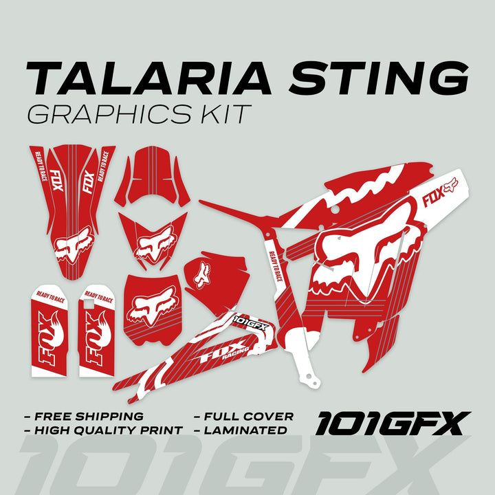 Talaria Sting MX3 MX4 Graphics Kit FOX STRIPES Red White with Fox Racing logos, includes front fender, radiator shrouds, number plates, and more; promotes durability and easy application.