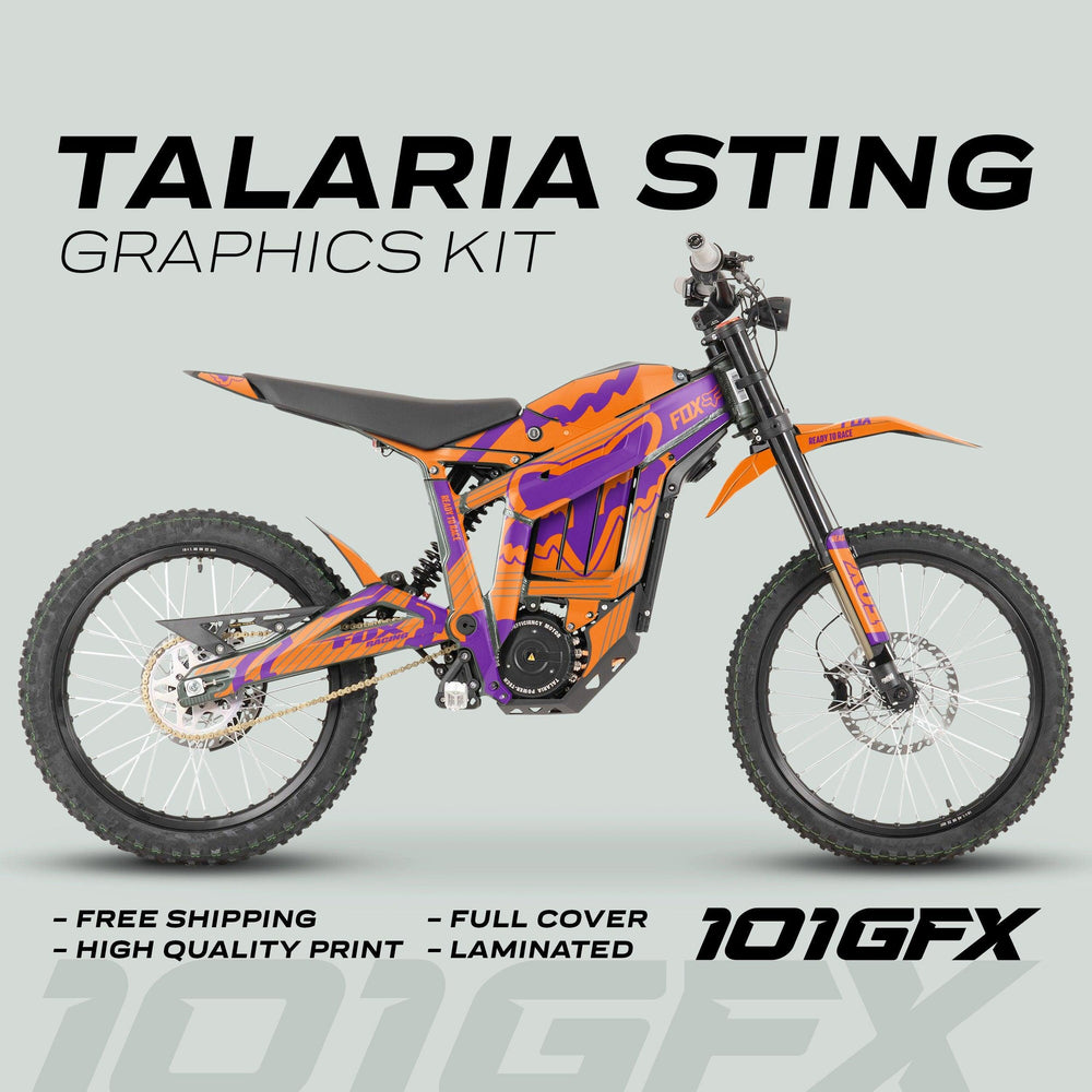 Talaria Sting MX3 MX4 Graphics Kit FOX STRIPES Orange Purple displayed on an electric dirt bike, highlighting vibrant decals, free shipping, and high-quality, durable design. 