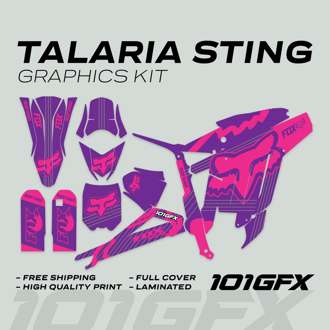 Talaria Sting MX3 MX4 Graphics Kit FOX STRIPES Purple Magenta decals, featuring vibrant, durable, laminated designs with FOX branding, offering easy application and full coverage for motocross bikes.