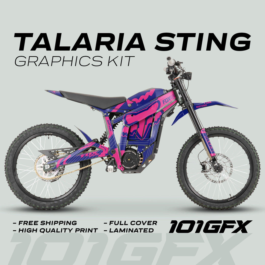Talaria Sting MX3 MX4 Graphics Kit FOX STRIPES Navy Magenta on electric dirt bike, showcasing bold purple-pink decals, highlighting free shipping, high-quality print, and durability.