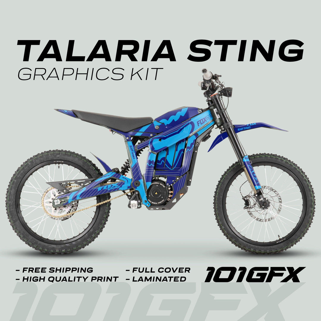 Talaria Sting MX3 MX4 Graphics Kit FOX STRIPES Navy Cyan displayed on an electric dirt-bike, showcasing custom navy-cyan decals with high-quality laminated print and full coverage.