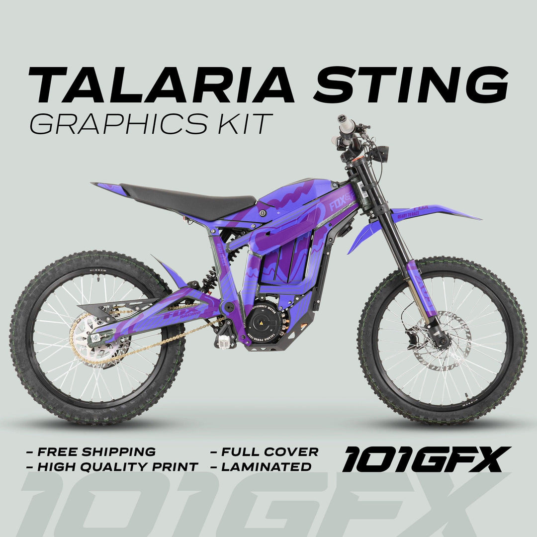 Talaria Sting MX3 MX4 Graphics Kit FOX STRIPES Duo Purple on motocross electric bike, showcasing full-cover wrap with vibrant duo purple stripes and highlights of free shipping and durable material.