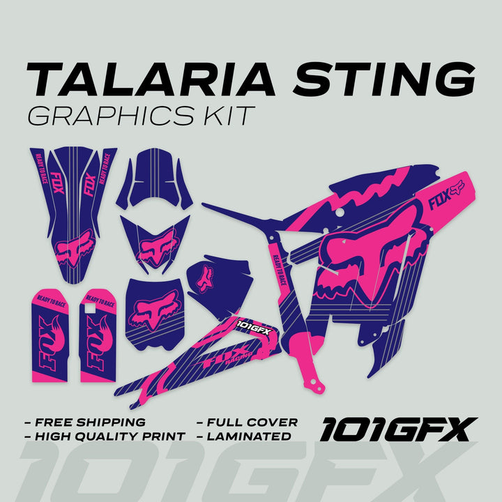 Talaria Sting MX3 MX4 Graphics Kit FOX STRIPES Navy Magenta, showing full-coverage decals for e-bike parts in a vibrant, laminated design for easy application.
