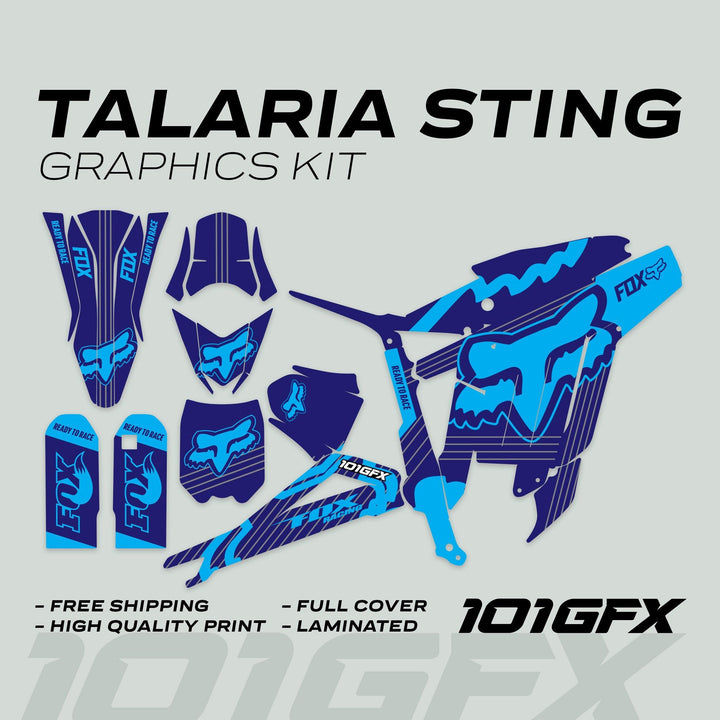 Talaria Sting MX3 MX4 Graphics Kit featuring navy cyan Fox-style logos and Ready to Race text, showing individual decals for bike customization.