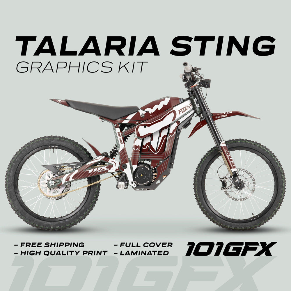 Talaria Sting MX3 MX4 Graphics Kit FOX STRIPES Brown White on red-and-white dirt bike; features free shipping, high-quality print, full cover, laminated.