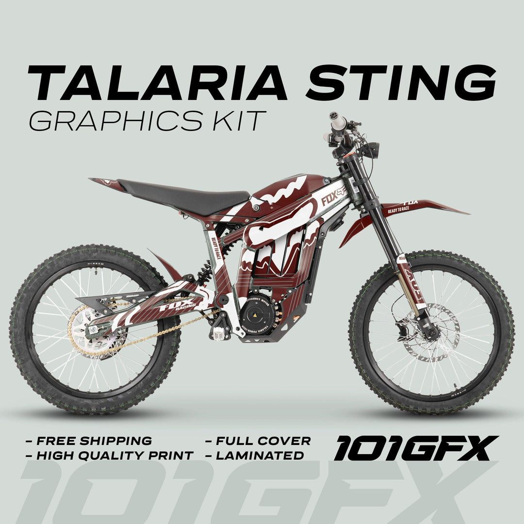 Talaria Sting MX3 MX4 Graphics Kit FOX STRIPES Brown White on red-and-white dirt bike; features free shipping, high-quality print, full cover, laminated.