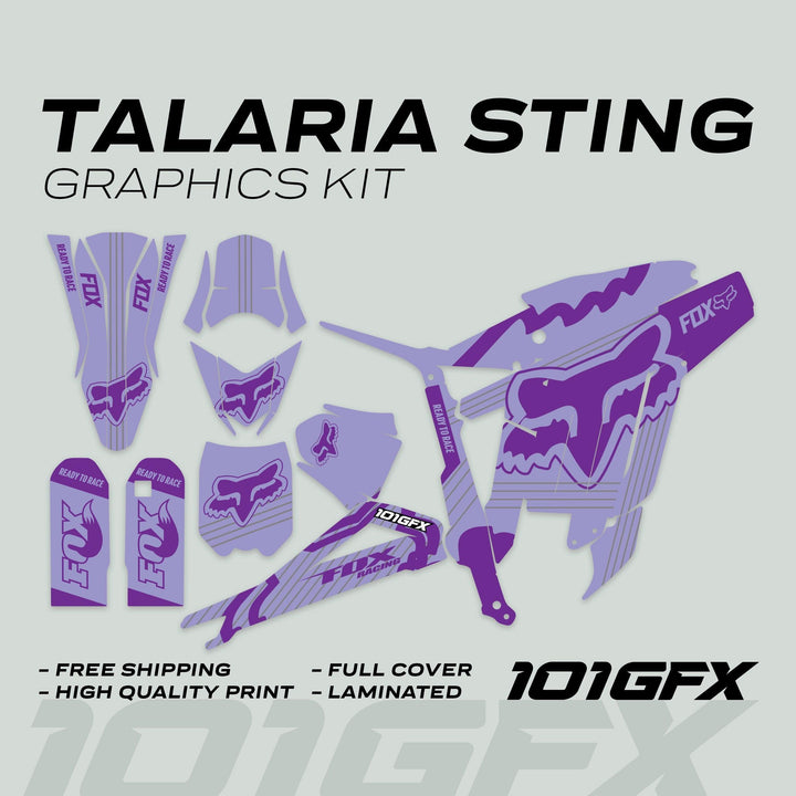Talaria Sting MX3 MX4 Graphics Kit FOX STRIPES Duo Purple, showcasing die-cut decals for full coverage, with features like free shipping, high-quality print, and lamination.