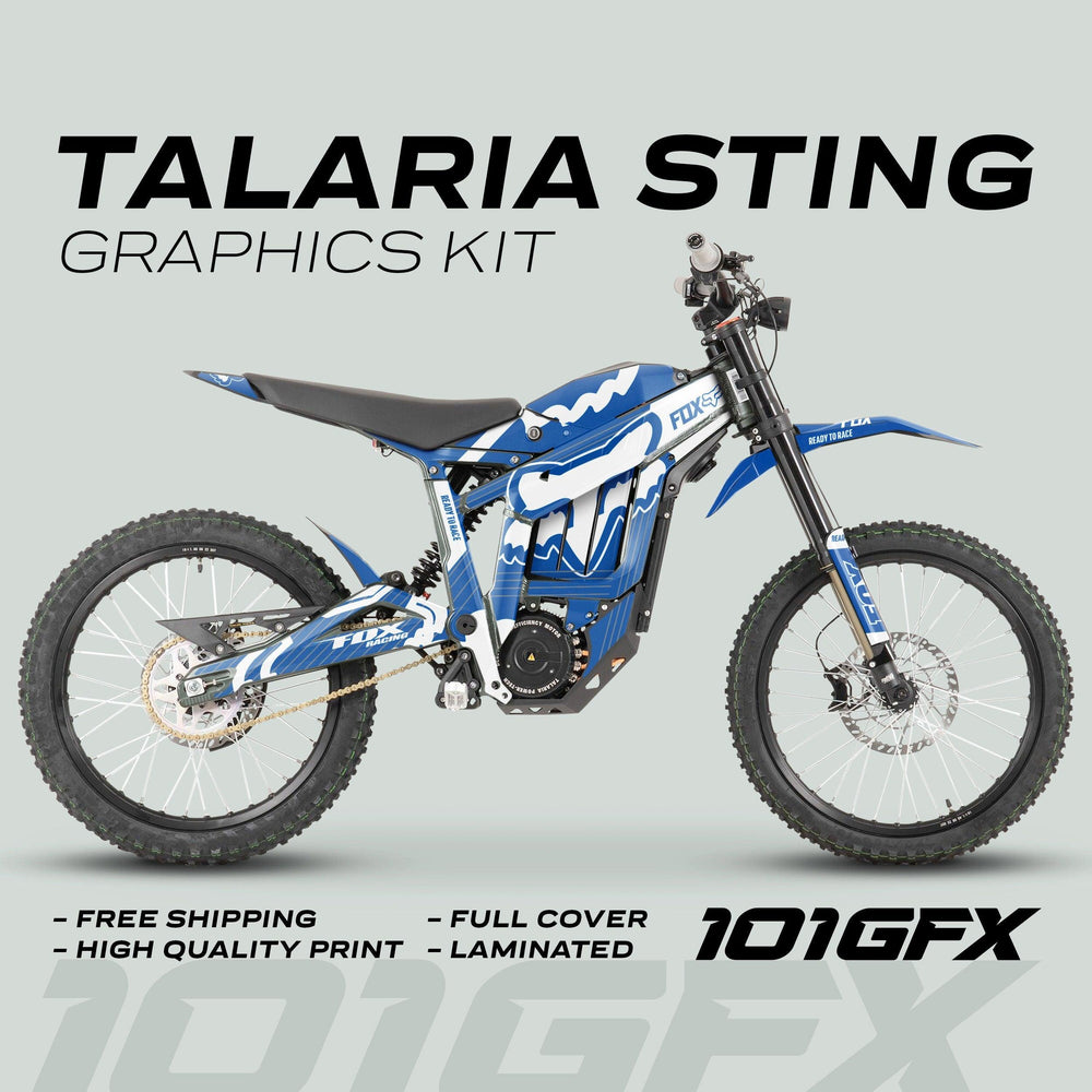 Talaria Sting MX3 MX4 Graphics Kit with blue-and-white Fox-style decals on an electric dirt bike, highlighting free shipping, high-quality print, full cover, and laminated features.