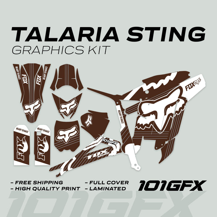 Talaria Sting MX3 MX4 Graphics Kit FOX STRIPES Brown White decals, featuring durable vinyl panels with Fox theme for dirt bikes, promoting customization and protection.