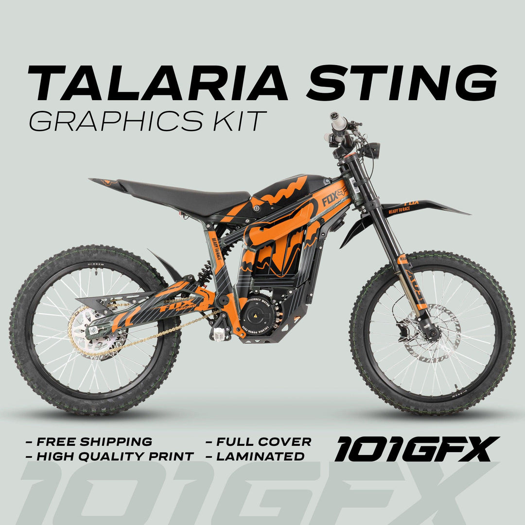Talaria Sting MX3 MX4 Graphics Kit FOX STRIPES Black Orange on an off-road bike, featuring vibrant orange-black decals, promotional highlights, and 101GFX logo.
