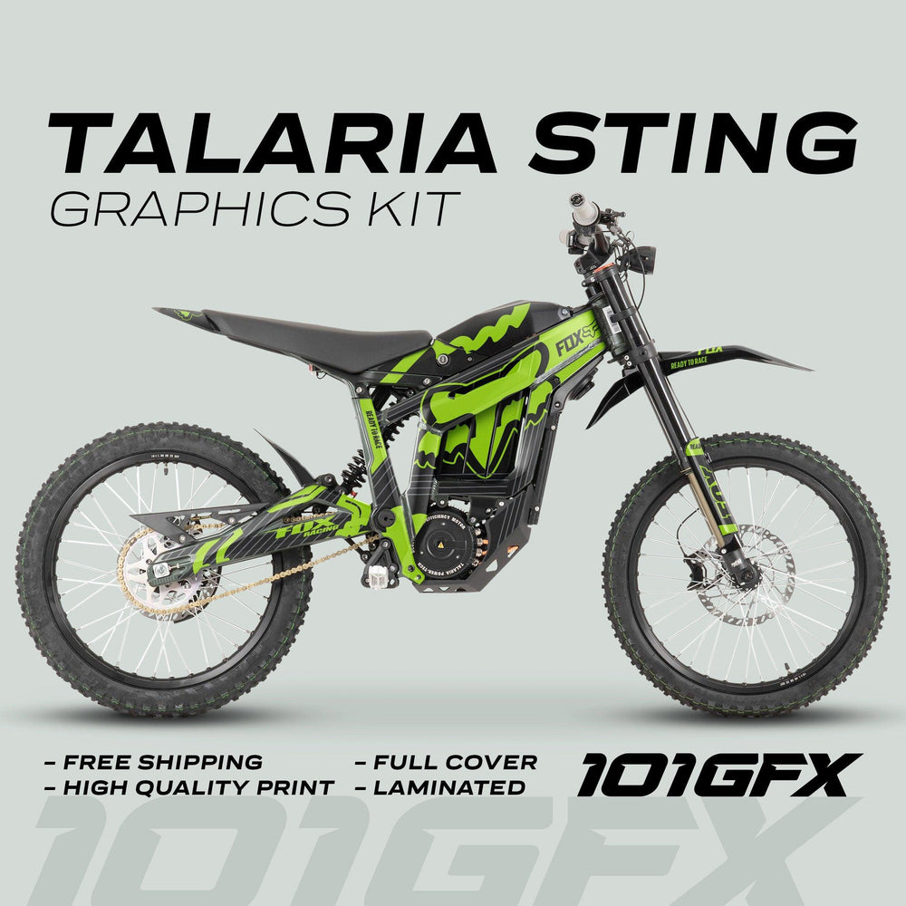 Talaria Sting MX3 MX4 Graphics Kit in black and green, fitted on an e-dirt bike with a custom wrap, showcasing durable, vibrant FOX STRIPES design.