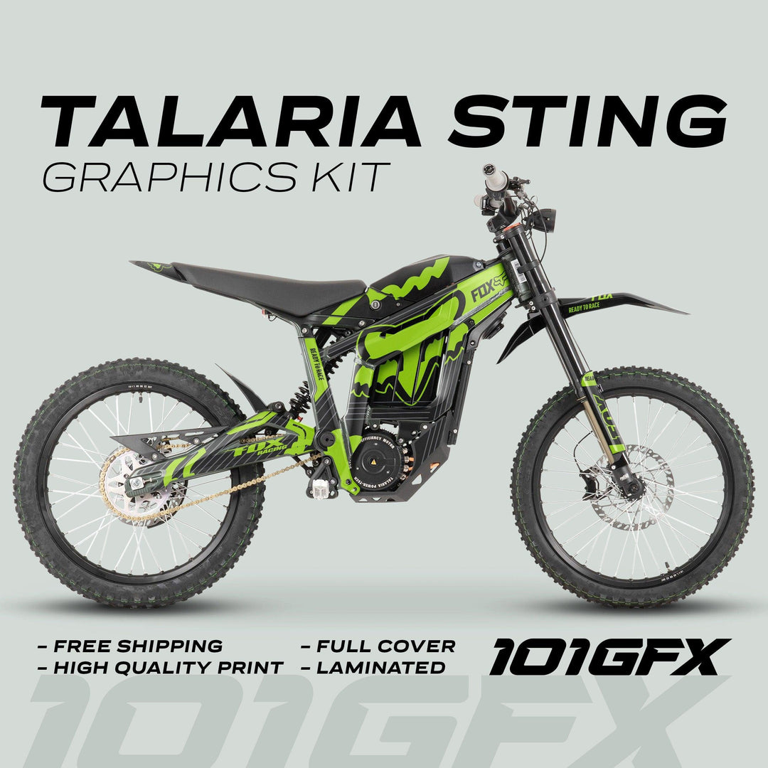 Talaria Sting MX3 MX4 Graphics Kit in black and green, fitted on an e-dirt bike with a custom wrap, showcasing durable, vibrant FOX STRIPES design.