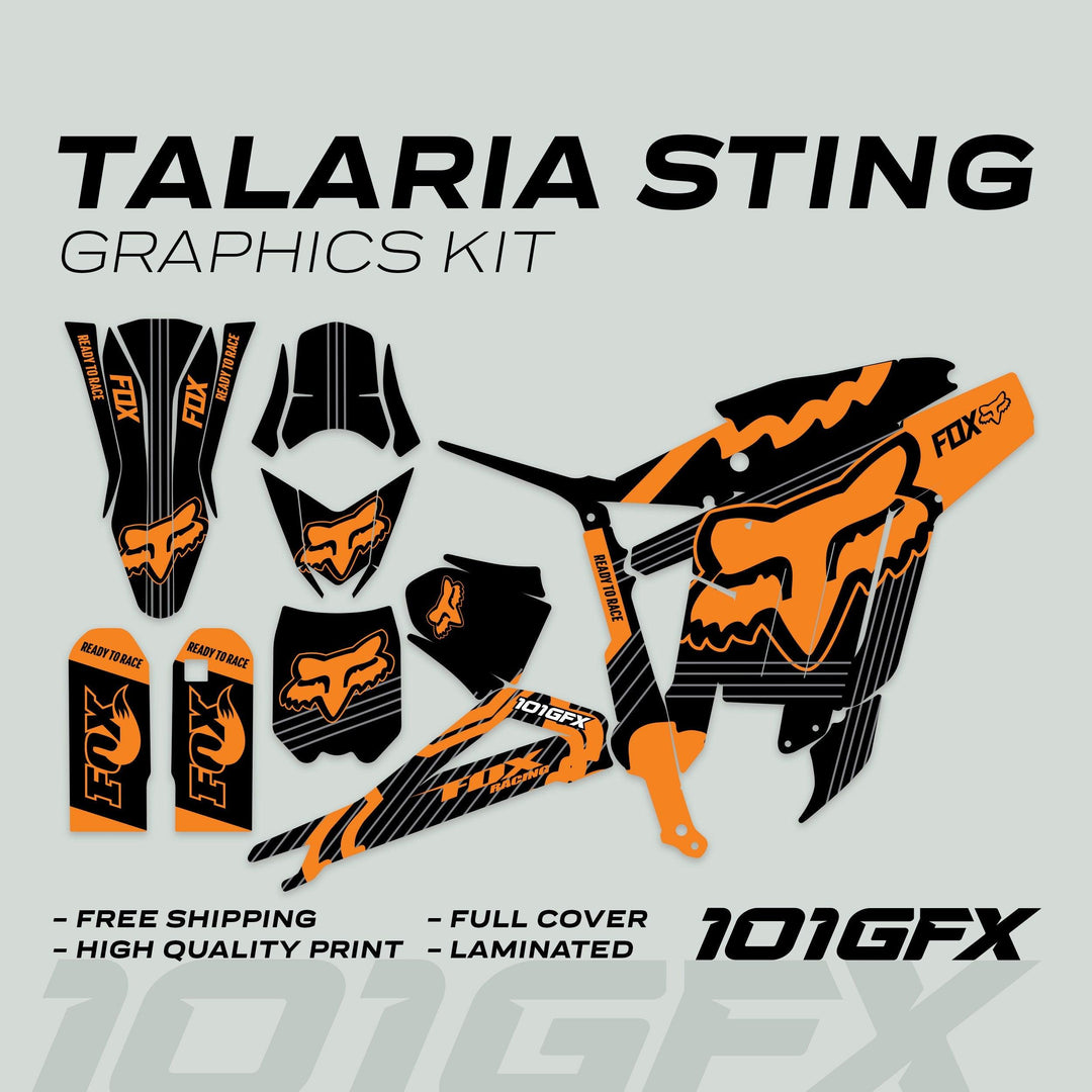Talaria Sting MX3 MX4 Graphics Kit FOX STRIPES Black Orange showing individual decal panels with a bold black-and-orange design, highlighted features include durability and easy application.