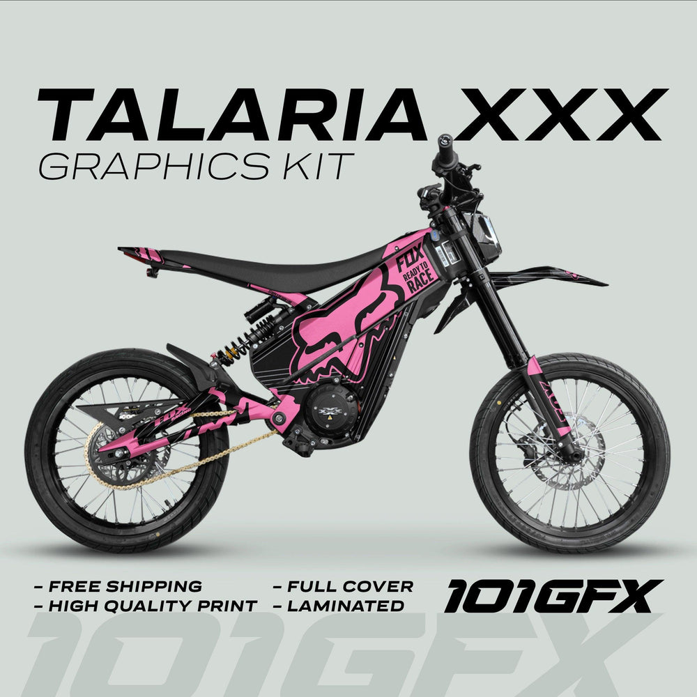Talaria XXX Graphics Kit FOX STRIPES Black Pink on an electric dirt-bike, featuring bold decals with a Fox logo and “Fox Ready to Race” slogan.